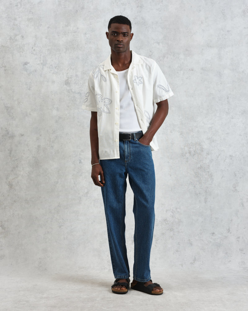 wax london men's Didcot - Ecru Floral Embroidered Short-Sleeve Shirt