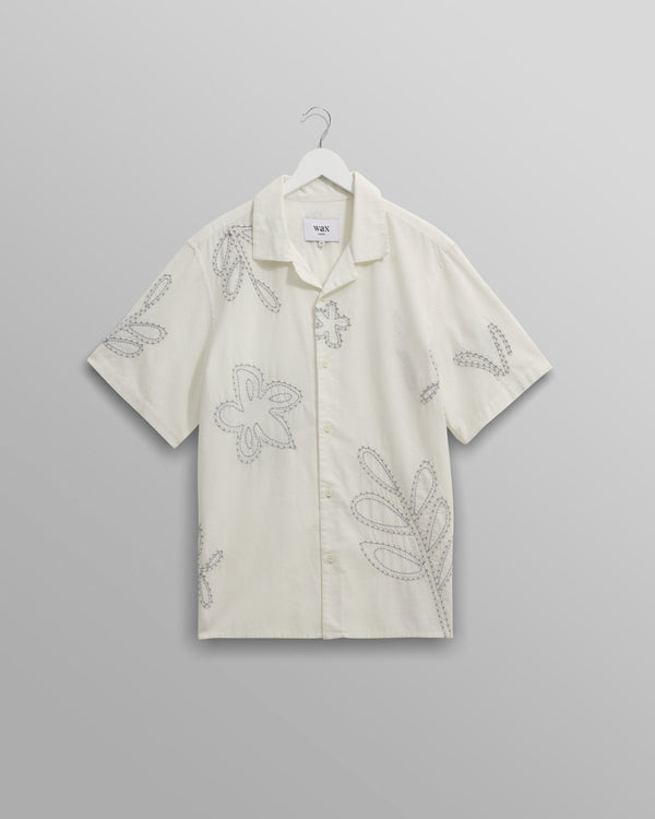 wax london men's Didcot - Ecru Floral Embroidered Short-Sleeve Shirt