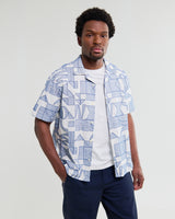 wax london men's Didcot - Ecru And Blue Geometric Embroidered Short-Sleeve Shirt