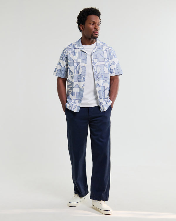 wax london men's Didcot - Ecru And Blue Geometric Embroidered Short-Sleeve Shirt