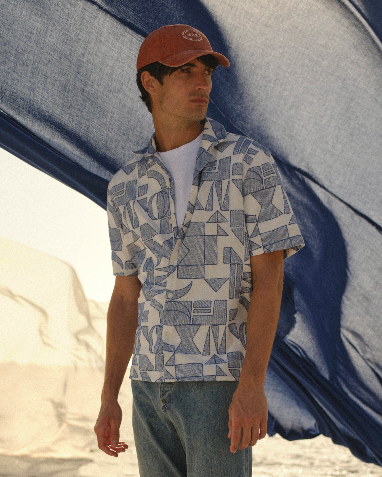 Men's Ecru And Blue Embroidered Short-Sleeve Shirt | Wax London
