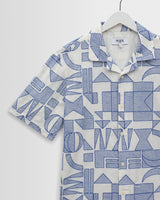 wax london men's Didcot - Ecru And Blue Geometric Embroidered Short-Sleeve Shirt