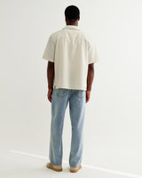 wax london men's Didcot - Ecru And Blue Seersucker Stripe Short-Sleeve Shirt