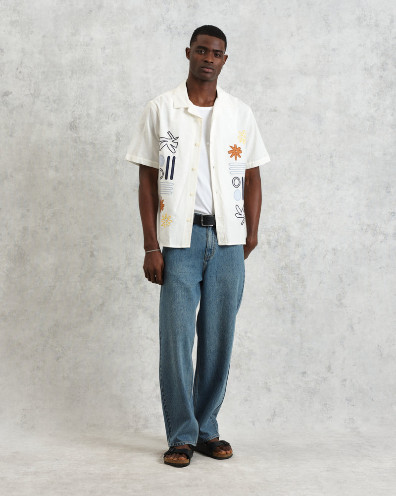 wax london Didcot - Ecru And Multicolour Abstract Appliqué Short-Sleeve Shirt