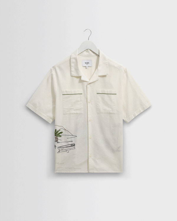 wax london men's Didcot - Ecru And Multicolour Embroidered Short-Sleeve Shirt