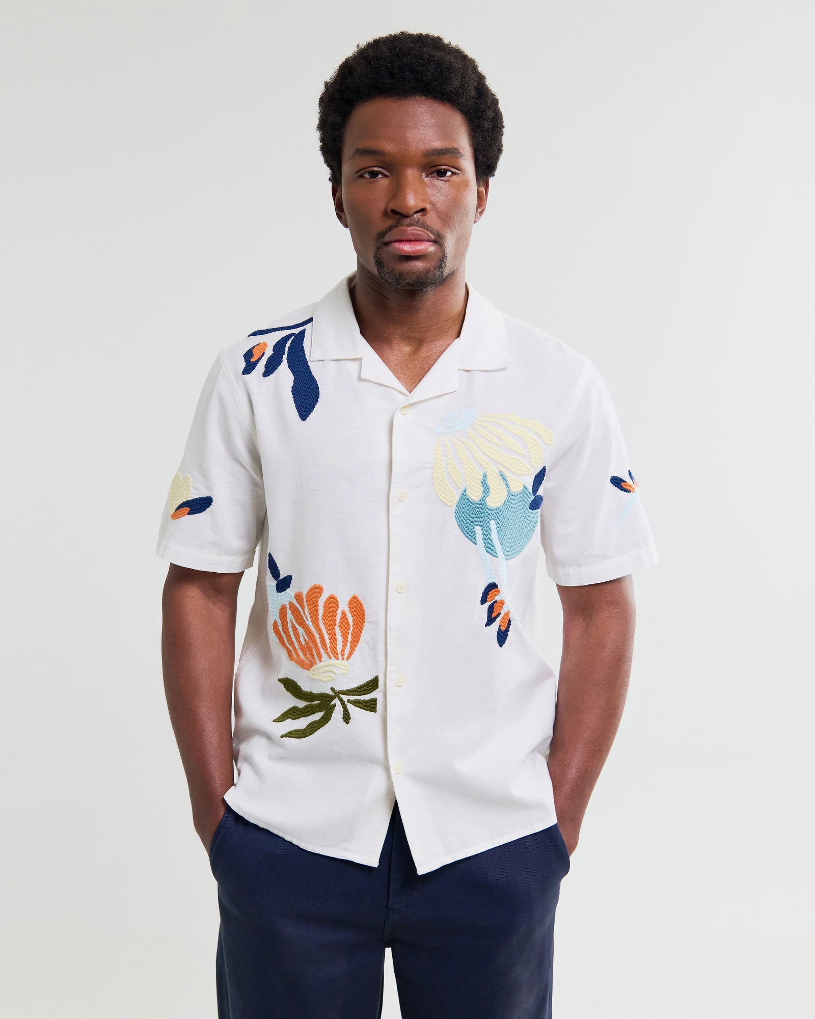 Men's Ecru And Multicolour Embroidered Short-Sleeve Shirt | Wax London