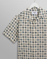 wax london Didcot - Ecru And Multicolour Geometric Tile Seersucker Short-Sleeve Shirt