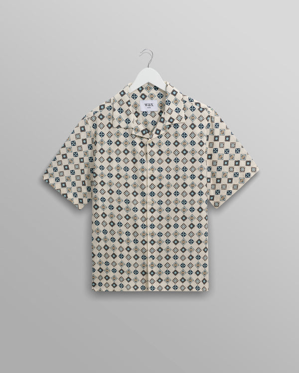wax london men's Didcot - Ecru And Multicolour Geometric Tile Seersucker Short-Sleeve Shirt