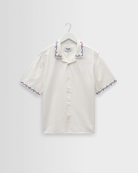 Didcot - Ecru Cross-Stitch Border Short-Sleeve Shirt