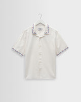 wax london men's Didcot - Ecru Cross-Stitch Border Short-Sleeve Shirt