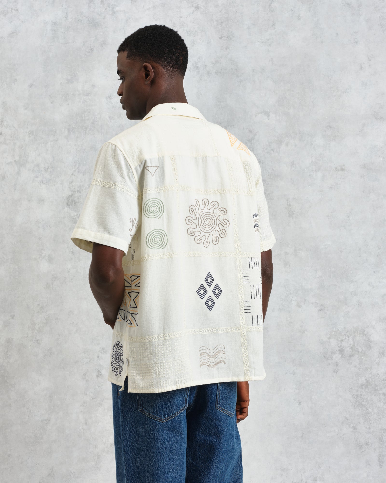 Men's Ecru Doodle Embroidered Short-Sleeve Shirt | Wax London