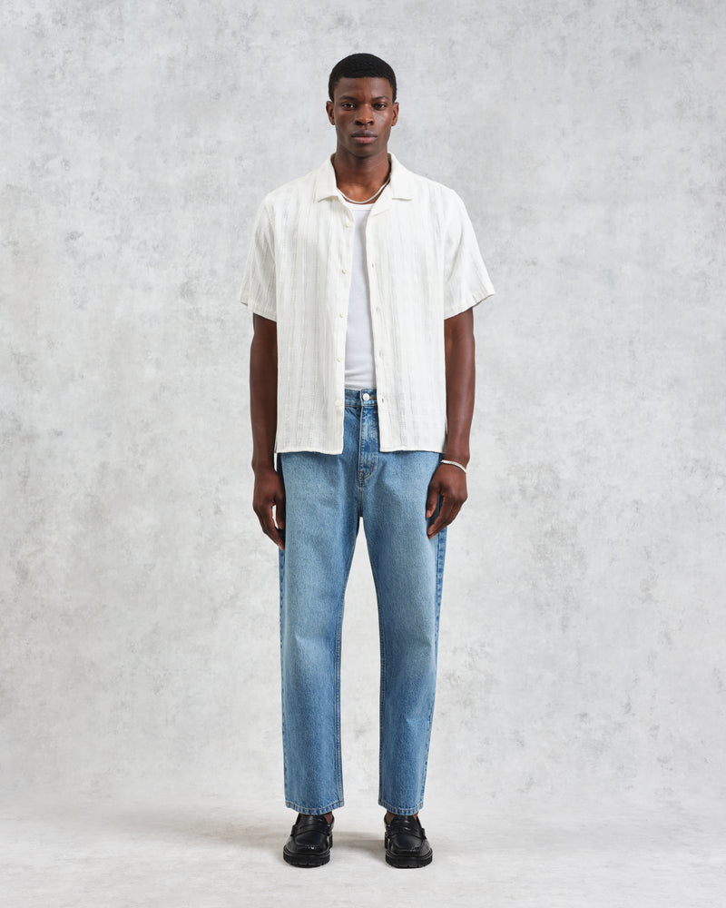 wax london men's Didcot - Ecru Open Weave Cotton Short-Sleeve Shirt