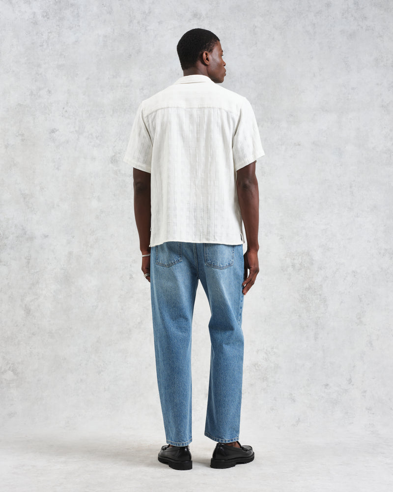 wax london men's Didcot - Ecru Open Weave Cotton Short-Sleeve Shirt