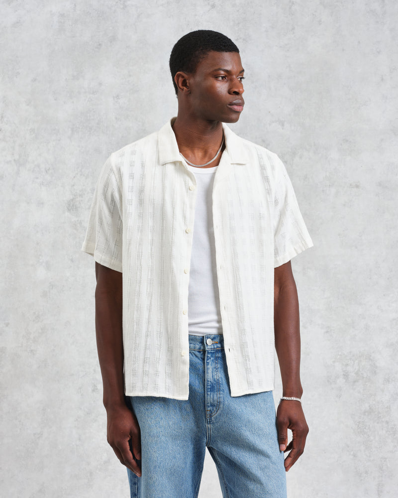 wax london Didcot - Ecru Open Weave Short-Sleeve Cotton Shirt