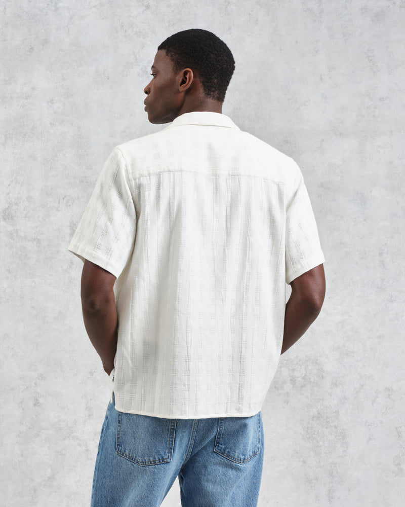 wax london Didcot - Ecru Open Weave Short-Sleeve Cotton Shirt