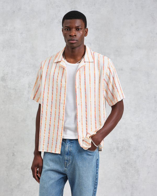 wax london men's Didcot - Ecru Stripe Short-Sleeve Shirt
