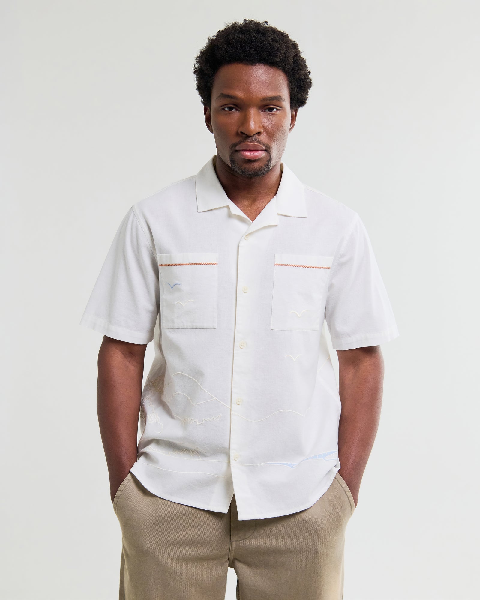Men's Ecru Summer Applique Short-Sleeve Shirt | Wax London
