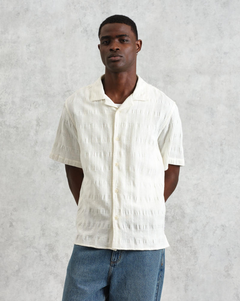 wax london Didcot - Ecru Waffle Seersucker Cotton Short-Sleeve Shirt