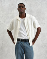 wax london Didcot - Ecru Waffle Seersucker Cotton Short-Sleeve Shirt