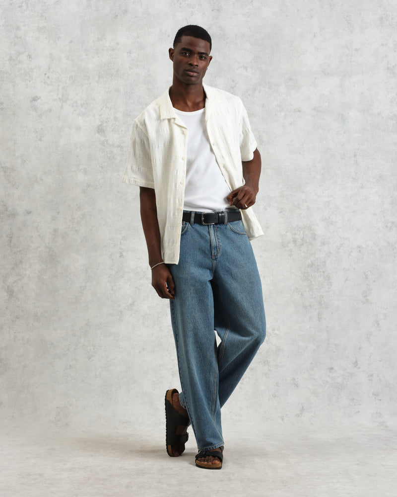wax london Didcot - Ecru Waffle Seersucker Cotton Short-Sleeve Shirt
