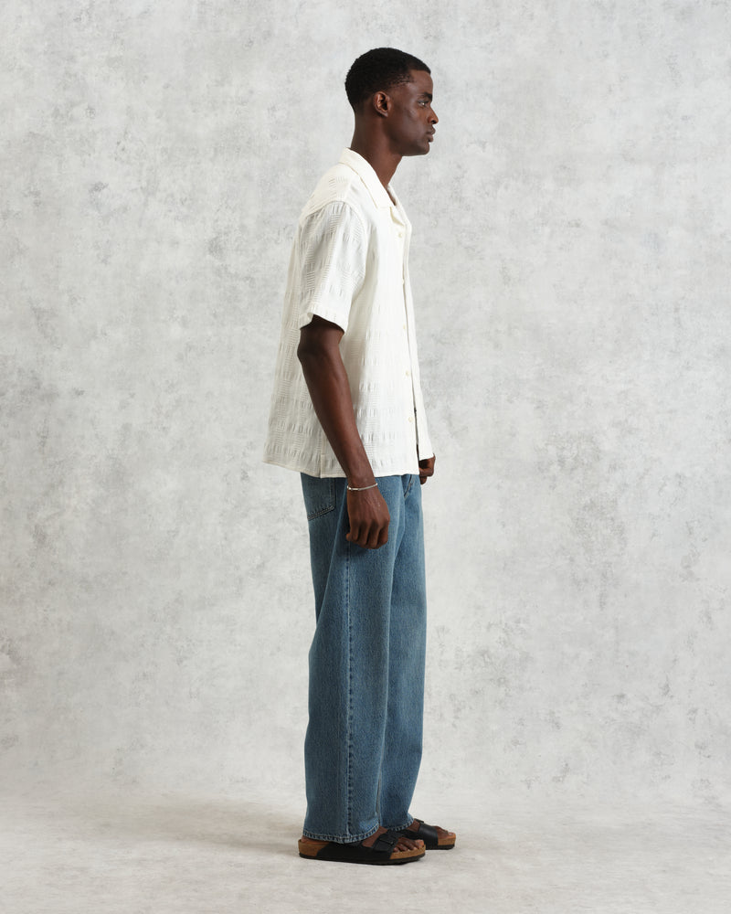 wax london Didcot - Ecru Waffle Seersucker Cotton Short-Sleeve Shirt