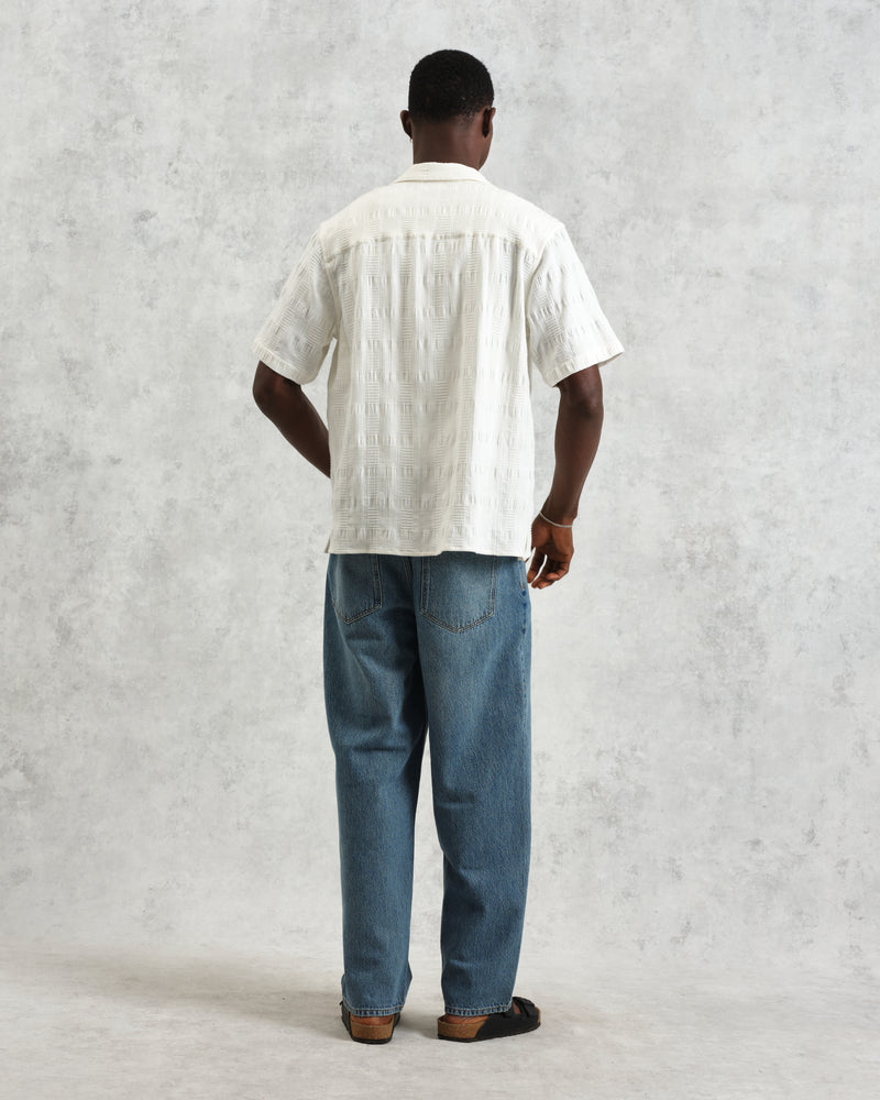 wax london Didcot - Ecru Waffle Seersucker Cotton Short-Sleeve Shirt