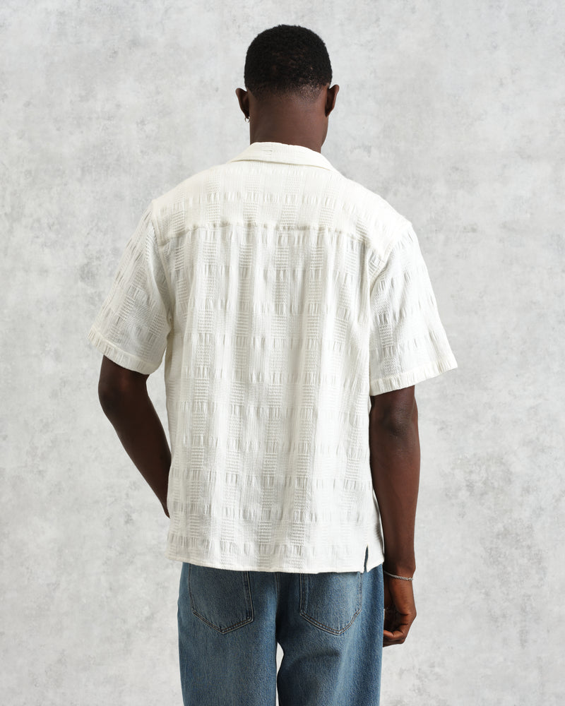 wax london Didcot - Ecru Waffle Seersucker Cotton Short-Sleeve Shirt