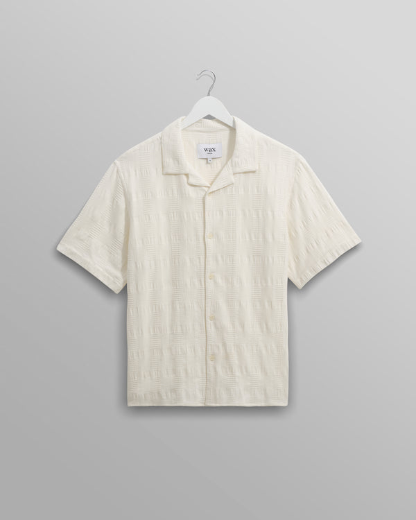 wax london Didcot - Ecru Waffle Seersucker Cotton Short-Sleeve Shirt