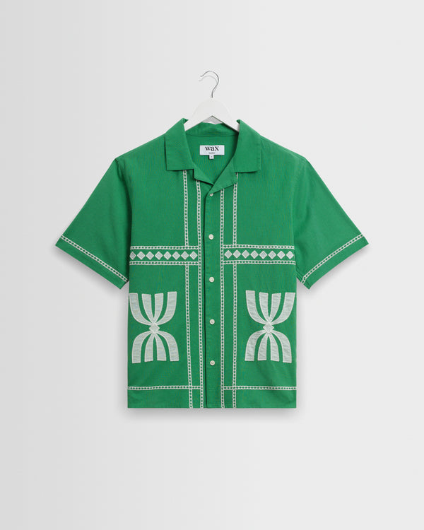 wax london men's Didcot - Green And White Border Applique Short-Sleeve Shirt