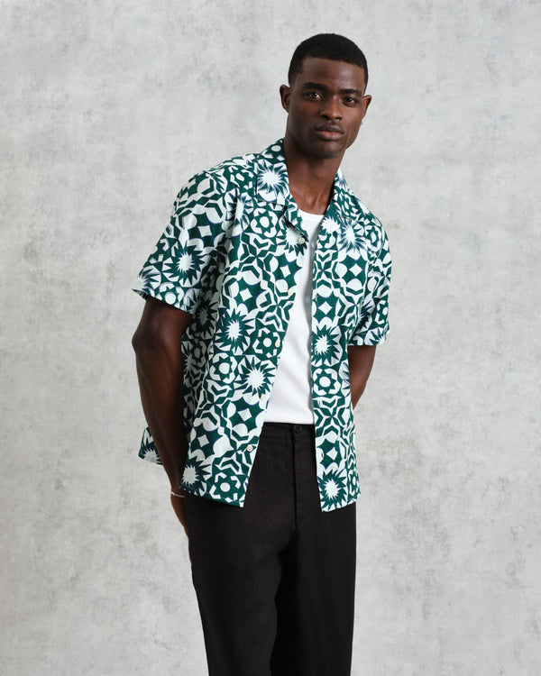 wax london Didcot - Green And White Geometric Cotton Short-Sleeve Shirt