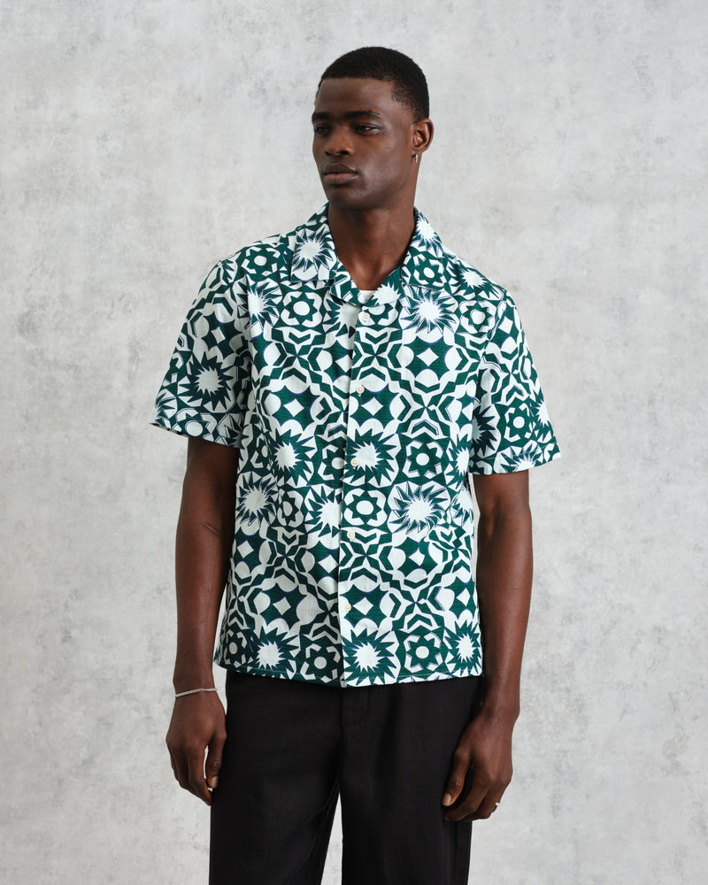 wax london Didcot - Green And White Geometric Cotton Short-Sleeve Shirt