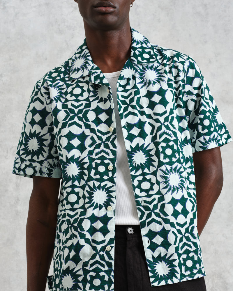 wax london Didcot - Green And White Geometric Cotton Short-Sleeve Shirt