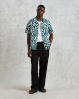 wax london Didcot - Green And White Geometric Cotton Short-Sleeve Shirt