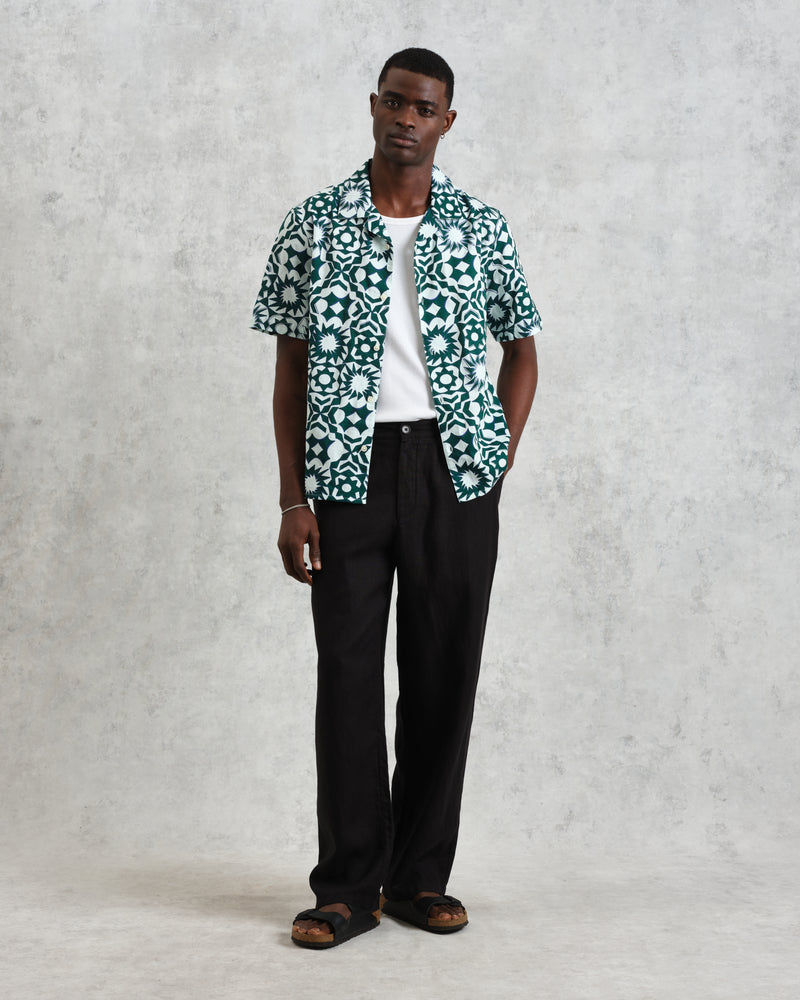 wax london Didcot - Green And White Geometric Cotton Short-Sleeve Shirt