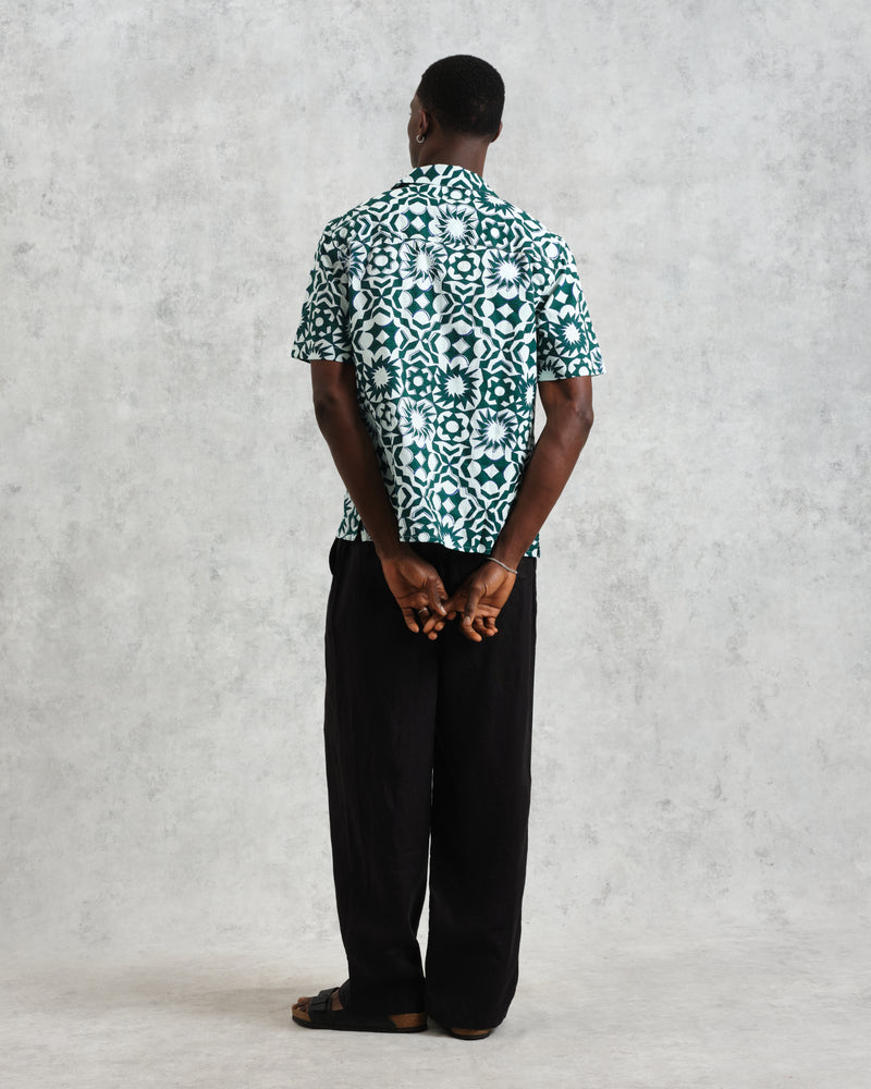 wax london Didcot - Green And White Geometric Cotton Short-Sleeve Shirt