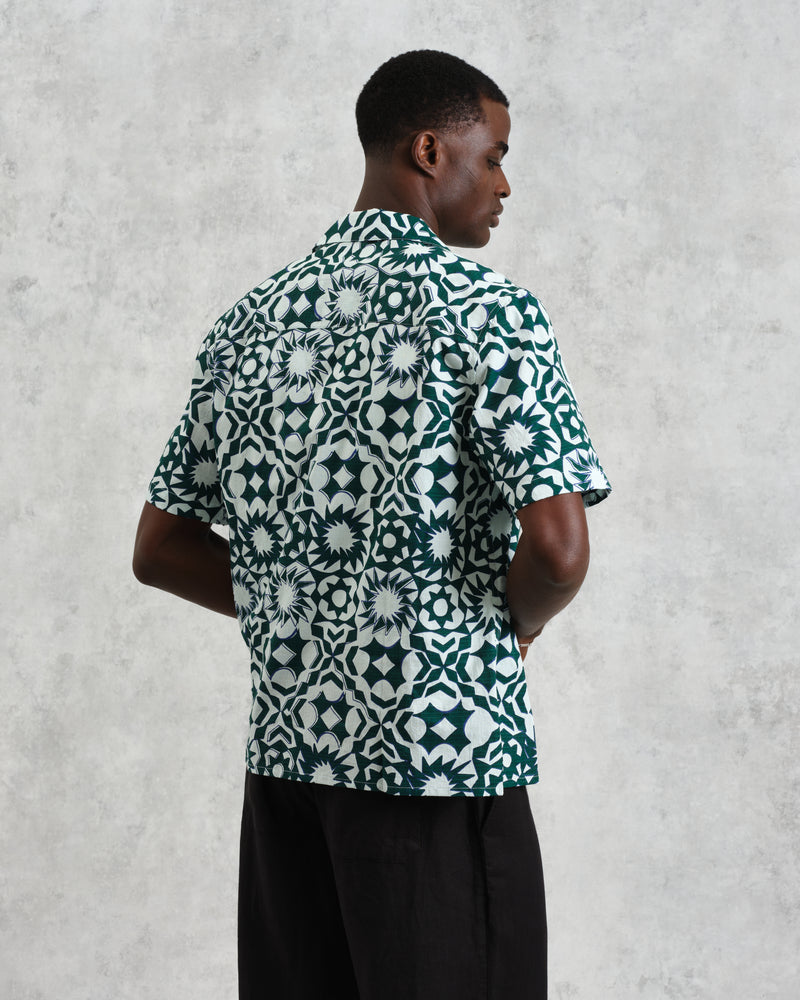 wax london Didcot - Green And White Geometric Cotton Short-Sleeve Shirt