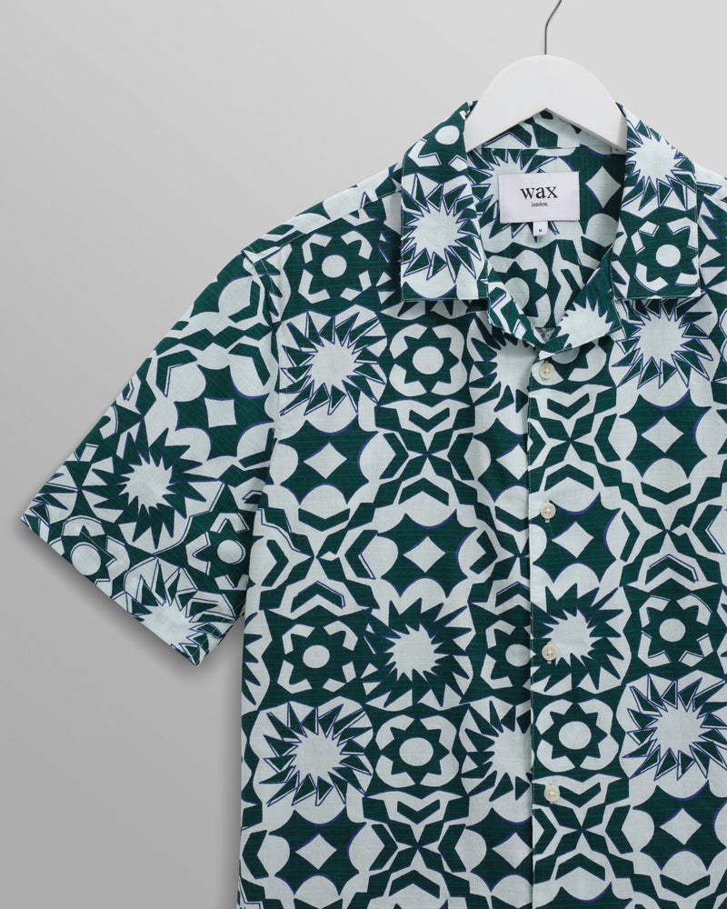 wax london Didcot - Green And White Geometric Cotton Short-Sleeve Shirt