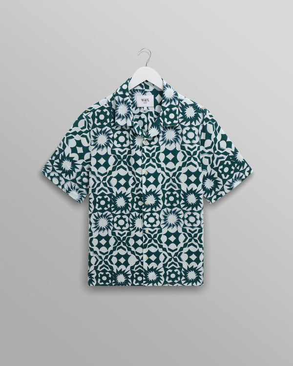 wax london Didcot - Green And White Geometric Cotton Short-Sleeve Shirt