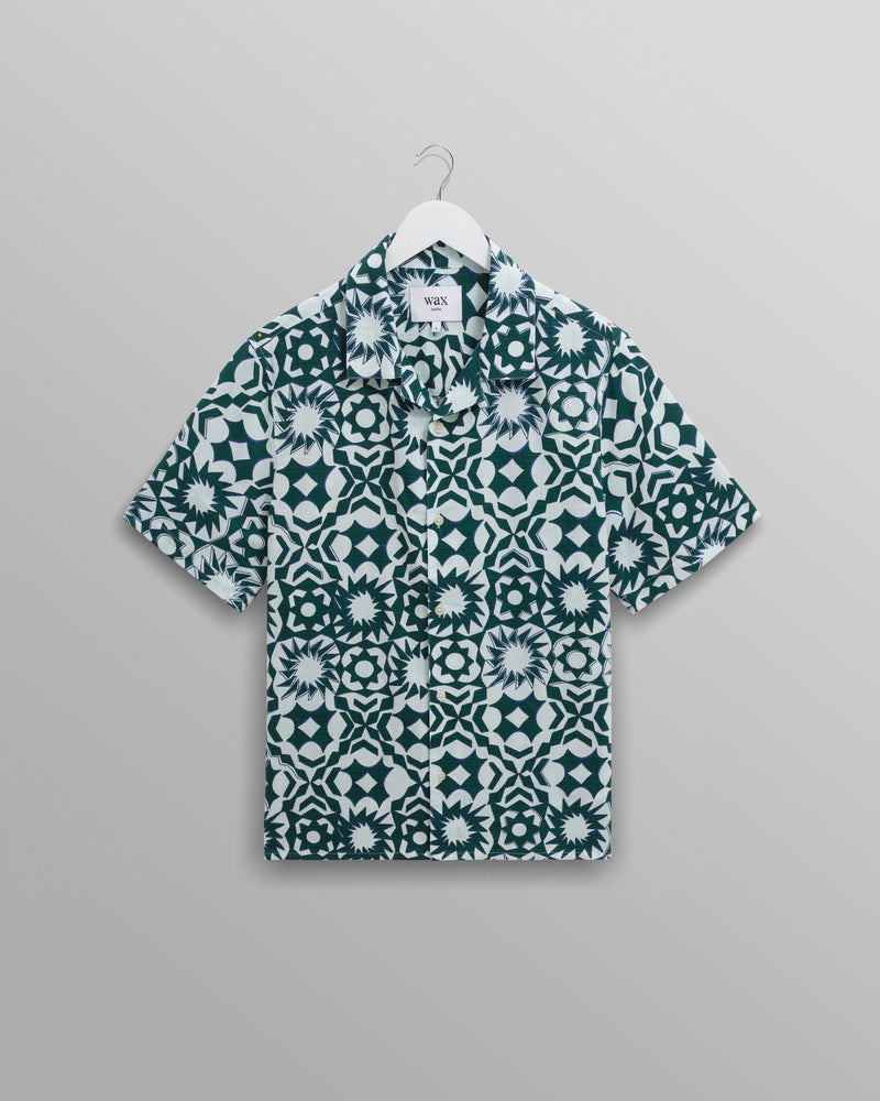 wax london Didcot - Green And White Geometric Cotton Short-Sleeve Shirt
