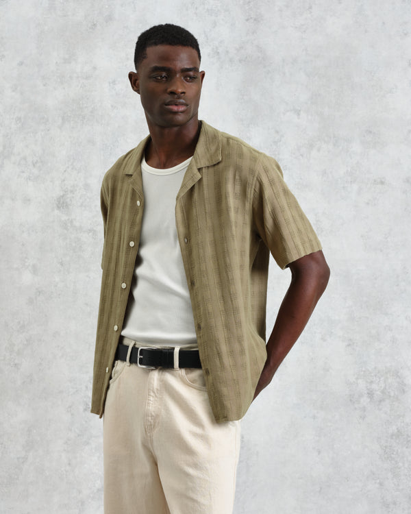 wax london men's Didcot - Khaki Open Weave Cotton Short-Sleeve Shirt