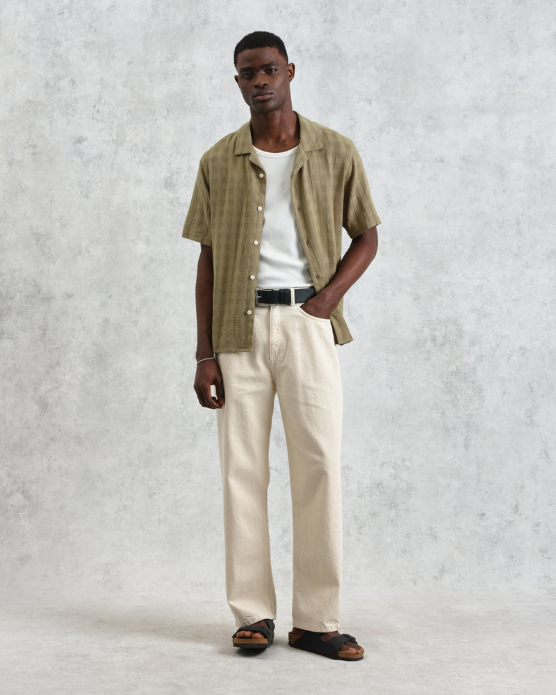 wax london men's Didcot - Khaki Open Weave Cotton Short-Sleeve Shirt