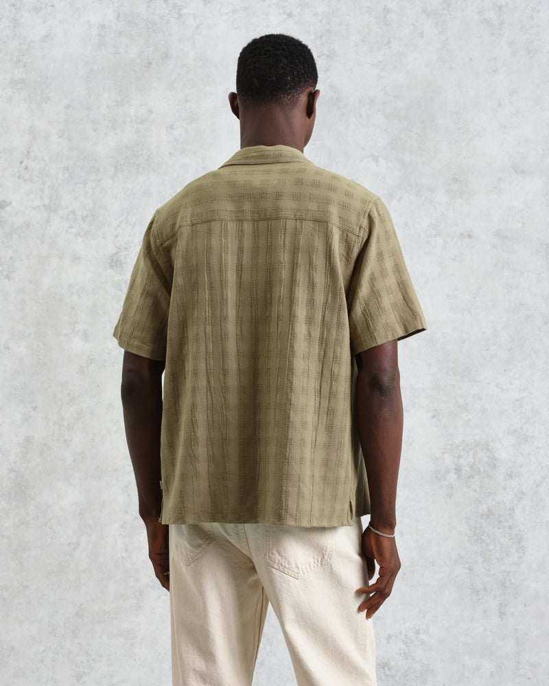 wax london men's Didcot - Khaki Open Weave Cotton Short-Sleeve Shirt