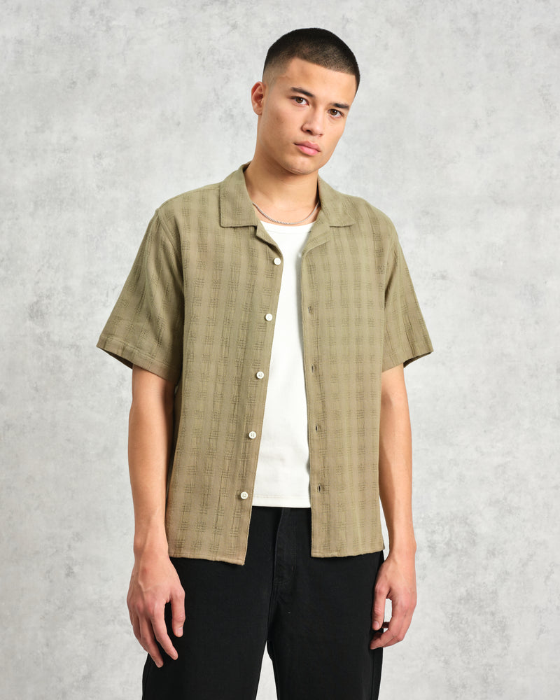 wax london Didcot - Khaki Open Weave Short-Sleeve Cotton Shirt