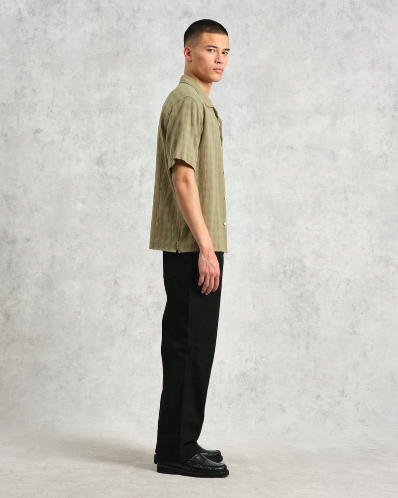 wax london Didcot - Khaki Open Weave Short-Sleeve Cotton Shirt