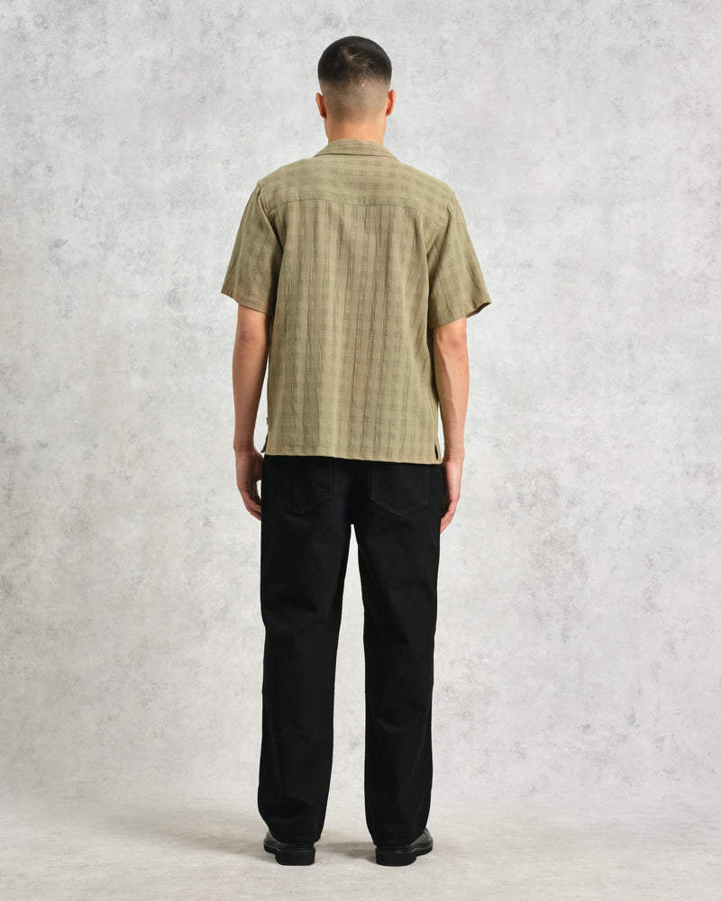 wax london Didcot - Khaki Open Weave Short-Sleeve Cotton Shirt