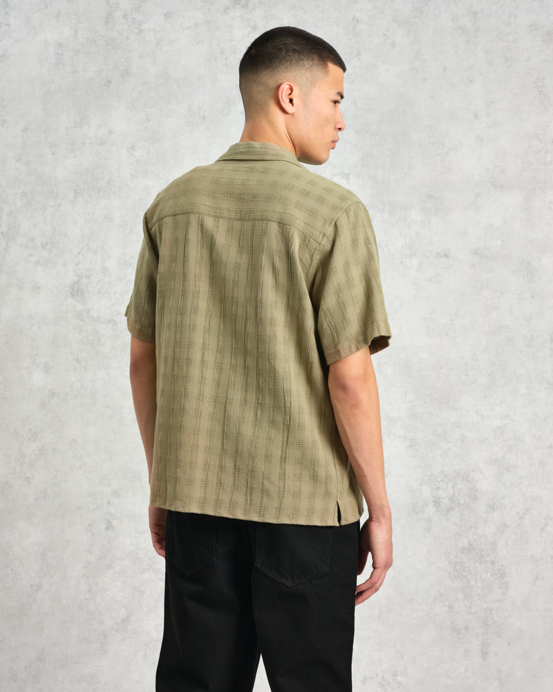 wax london Didcot - Khaki Open Weave Short-Sleeve Cotton Shirt