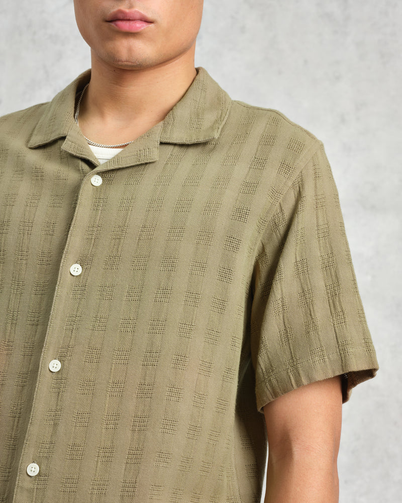 wax london Didcot - Khaki Open Weave Short-Sleeve Cotton Shirt