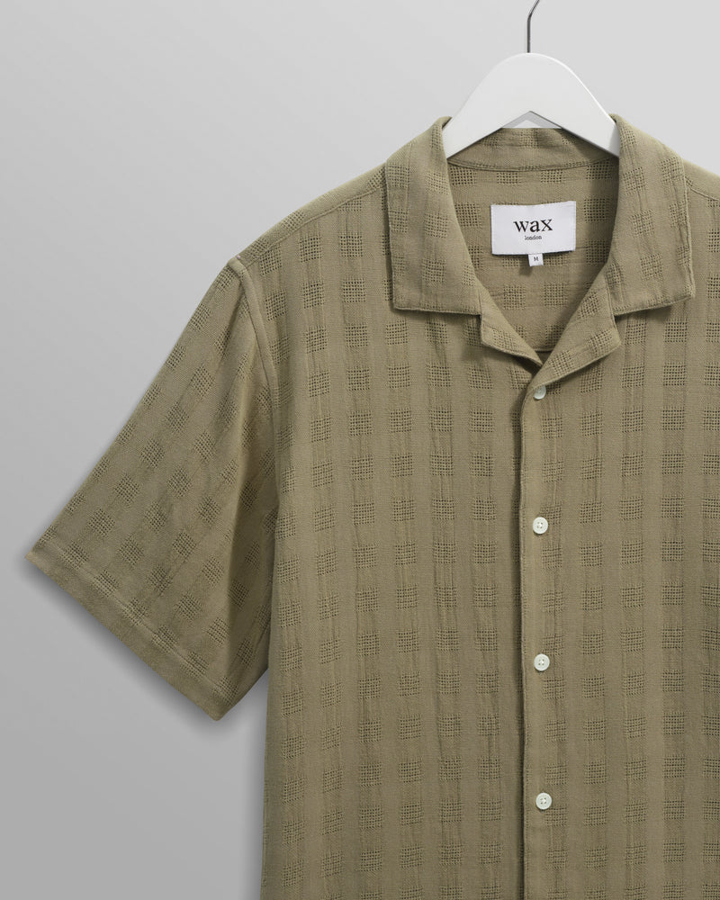 wax london Didcot - Khaki Open Weave Short-Sleeve Cotton Shirt