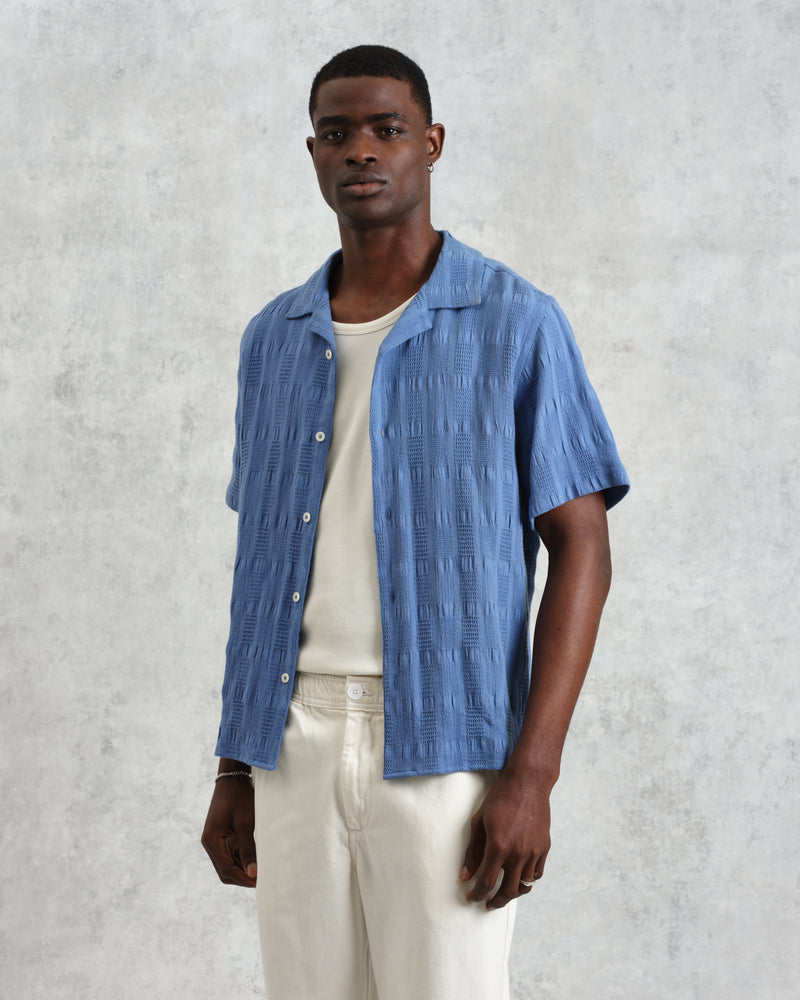 wax london Didcot - Mid-Blue Seersucker Cotton Short-Sleeve Shirt