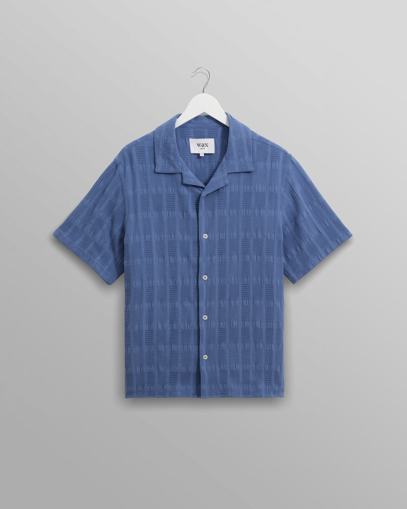 wax london Didcot - Mid-Blue Seersucker Cotton Short-Sleeve Shirt